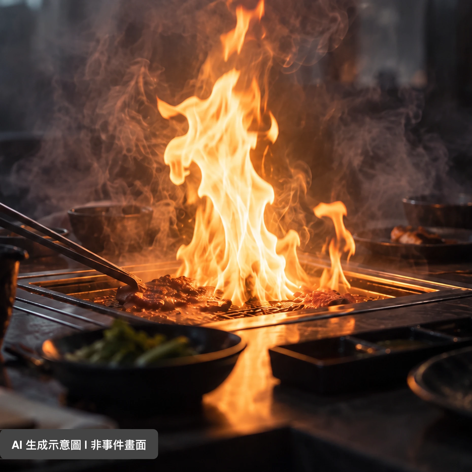 燒肉店桌邊烤爐竄出高大火焰、濃煙瀰漫的示意畫面